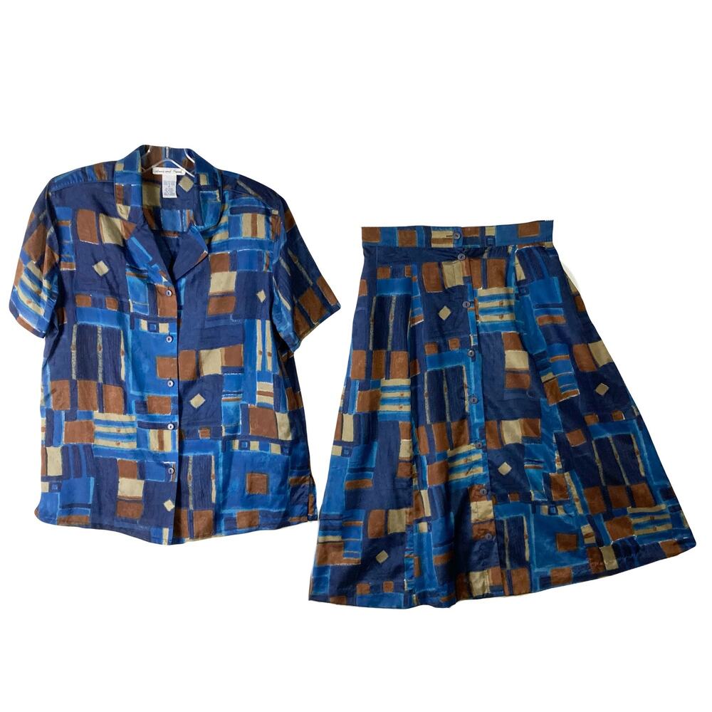 NWOT ANNA AND FRANK Set M Vintage Silk Abstract Print Blue Brown Multi